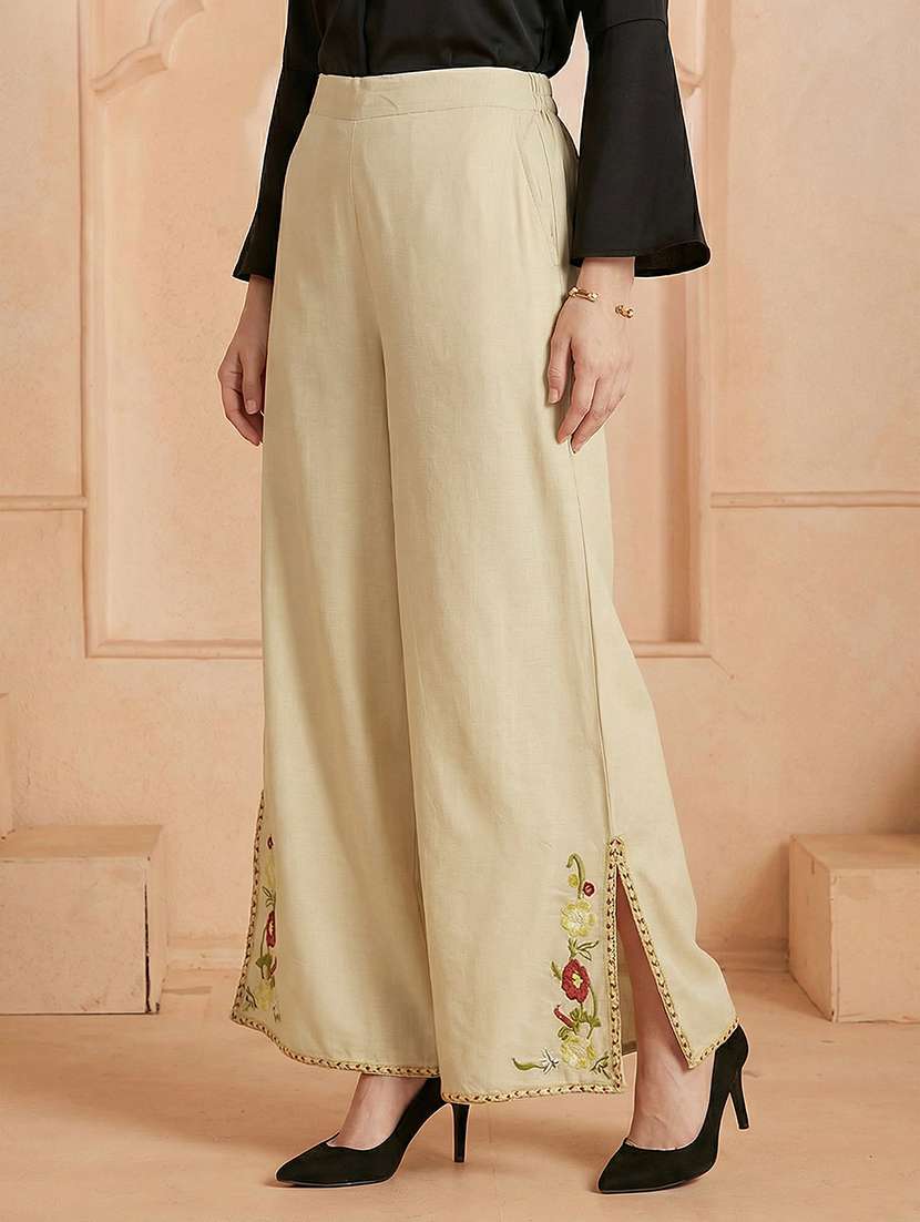 women embroidered hem mid rise flared palazzo - 22292584 -  Standard Image - 1