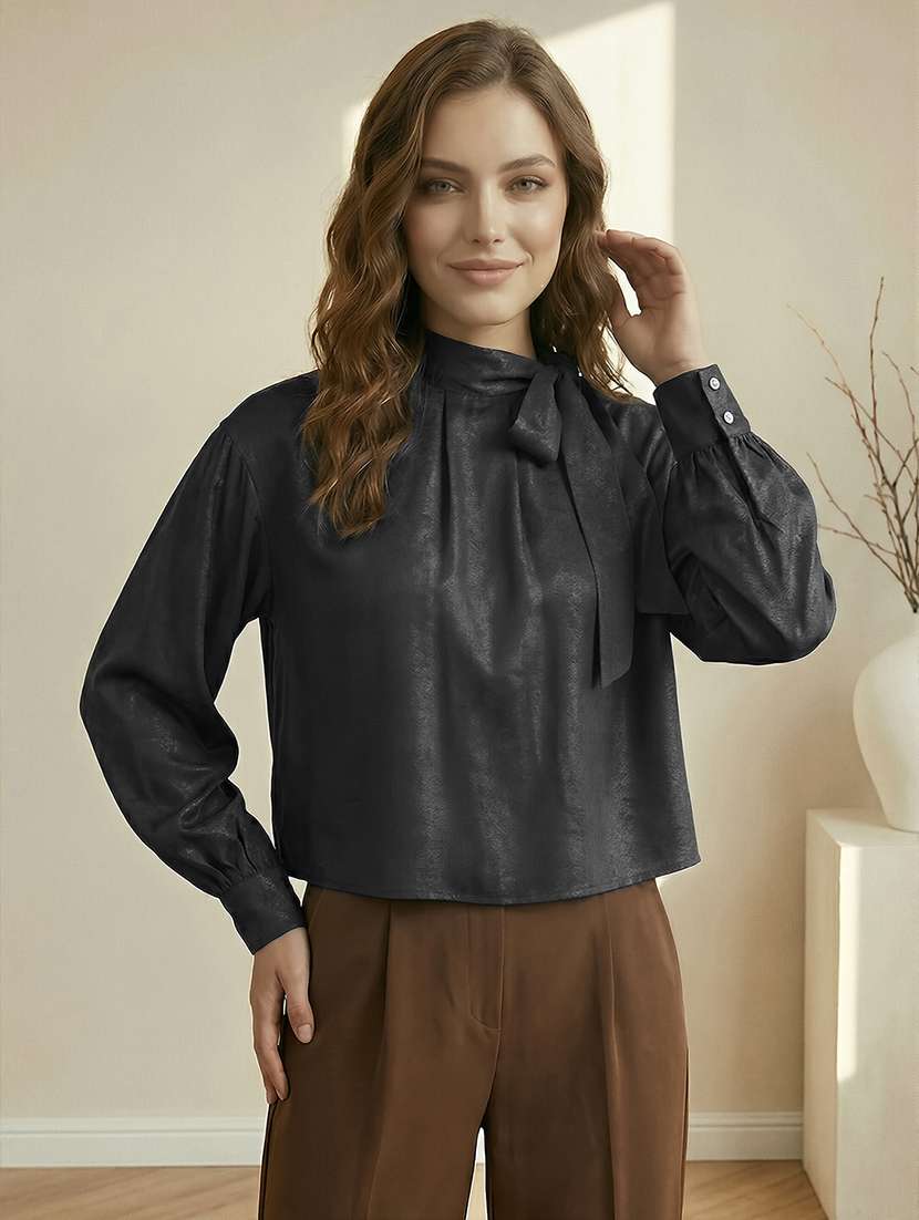 globus women black tie-up neck detail self design regular sleeves casual top