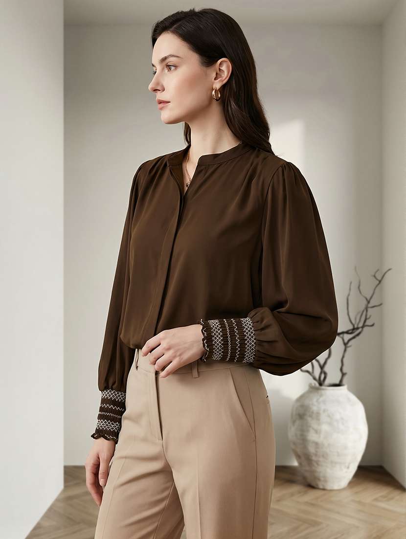 globus women brown mandarin collar elasticated emboridered sleeve relaxed fit straight hem shirt  - 22292590 -  Standard Image - 1
