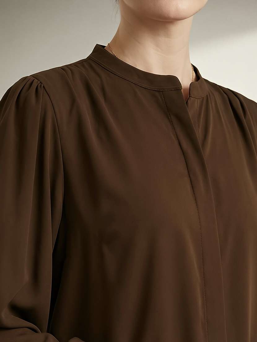 globus women brown mandarin collar elasticated emboridered sleeve relaxed fit straight hem shirt  - 22292590 -  Standard Image - 4