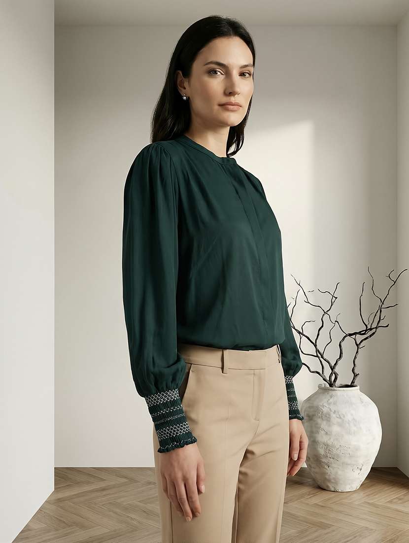 globus women green mandarin collar elasticated emboridered sleeve relaxed fit straight hem shirt  - 22292591 -  Standard Image - 1