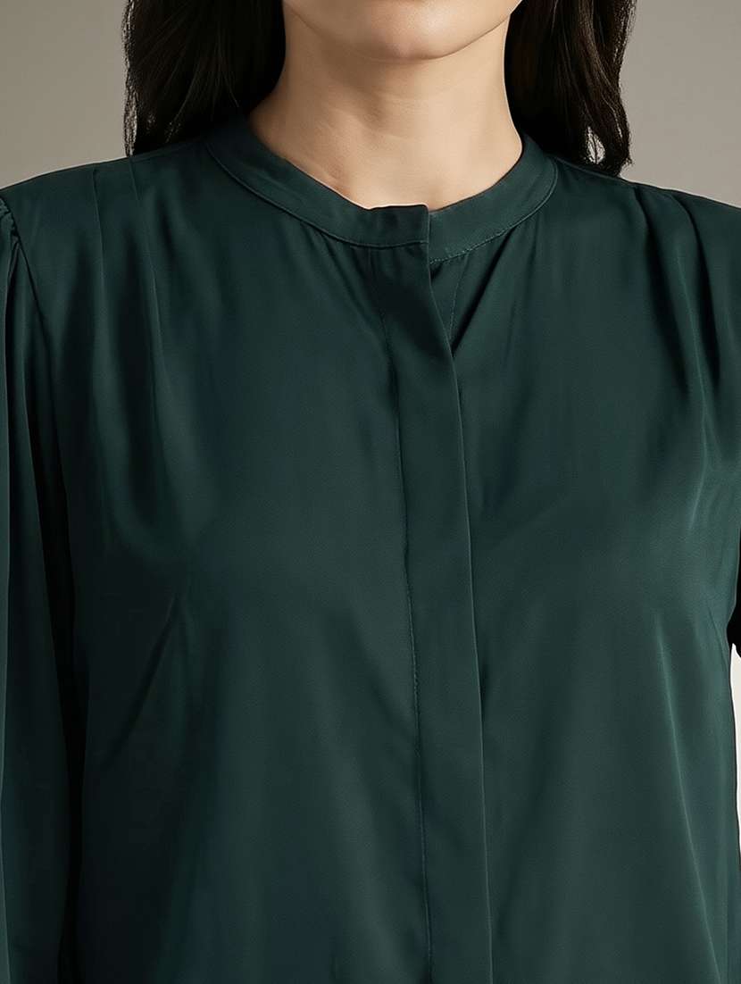 globus women green mandarin collar elasticated emboridered sleeve relaxed fit straight hem shirt  - 22292591 -  Standard Image - 4