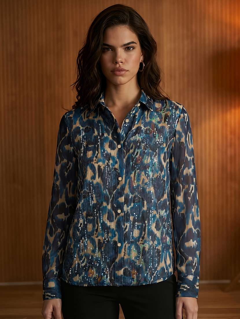 globus women blue spread collar abstract print sequinned detail cuffed sleeves oversized georgette party shirt 