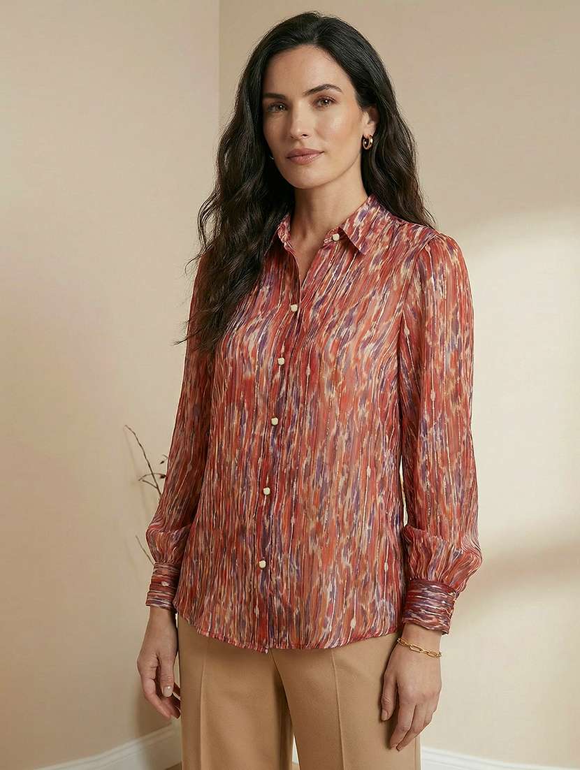 globus women maroon spread collar abstract print lurex details cuffed sleeves relaxed fit satin party shirt  - 22292594 -  Standard Image - 1