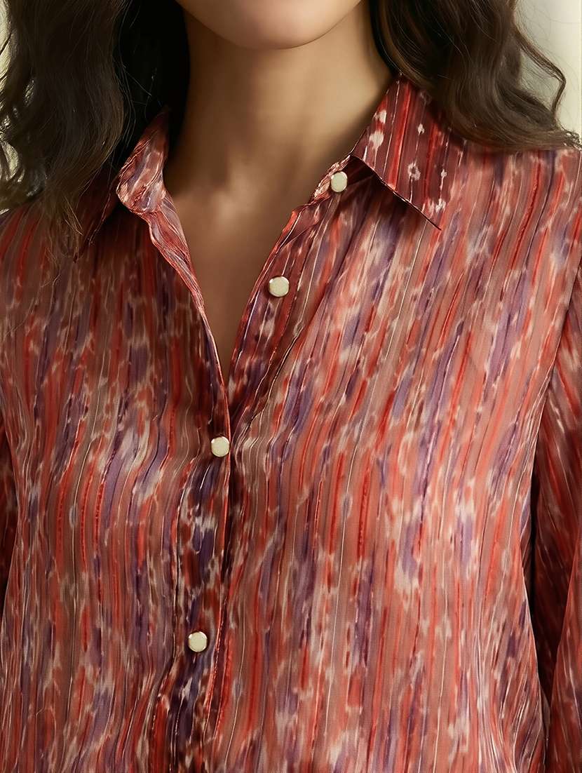 globus women maroon spread collar abstract print lurex details cuffed sleeves relaxed fit satin party shirt  - 22292594 -  Standard Image - 4