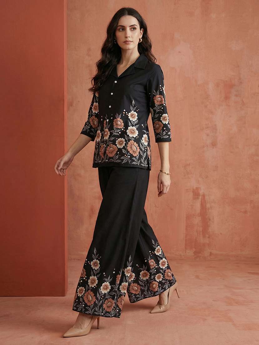 globus women black floral print collared neck shirt with flared hem wide leg pant fusion co-ord set - 22292599 -  Standard Image - 1