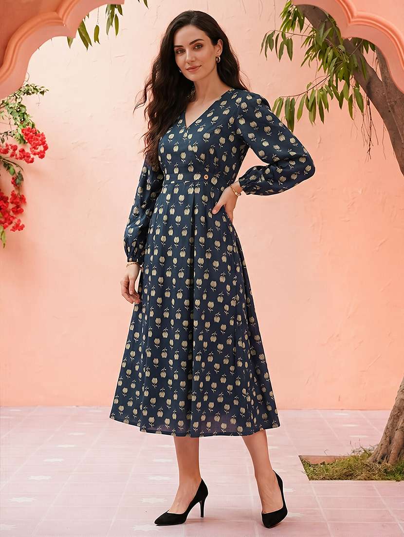 globus women blue allover floral printed v-neck bishop sleeves fit & flare midi dress - 22292601 -  Standard Image - 1