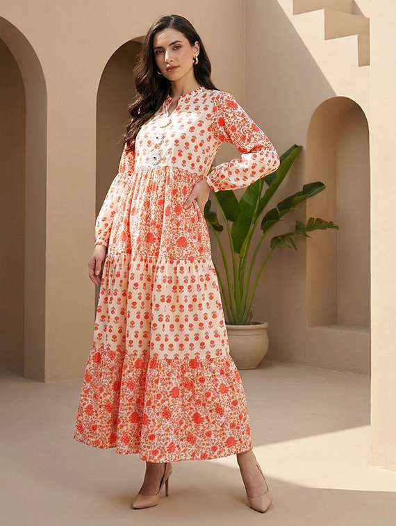 globus women off white floral printed mandarin collar bishop sleeves tiered fit & flare maxi fusion dress - 22292602 -  Standard Image - 1