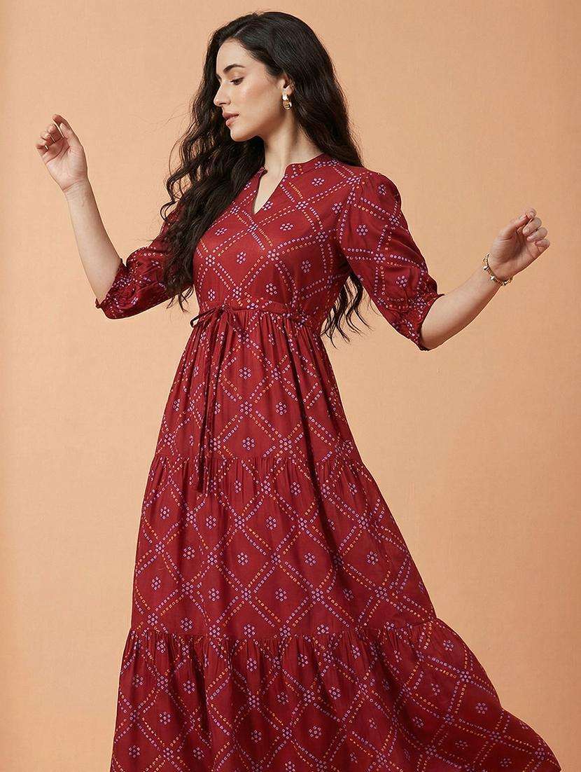 globus women red bandhani print mandarin collar puff sleeves waist tie-ups tiered fit & flare midi dress - 22292603 -  Standard Image - 4