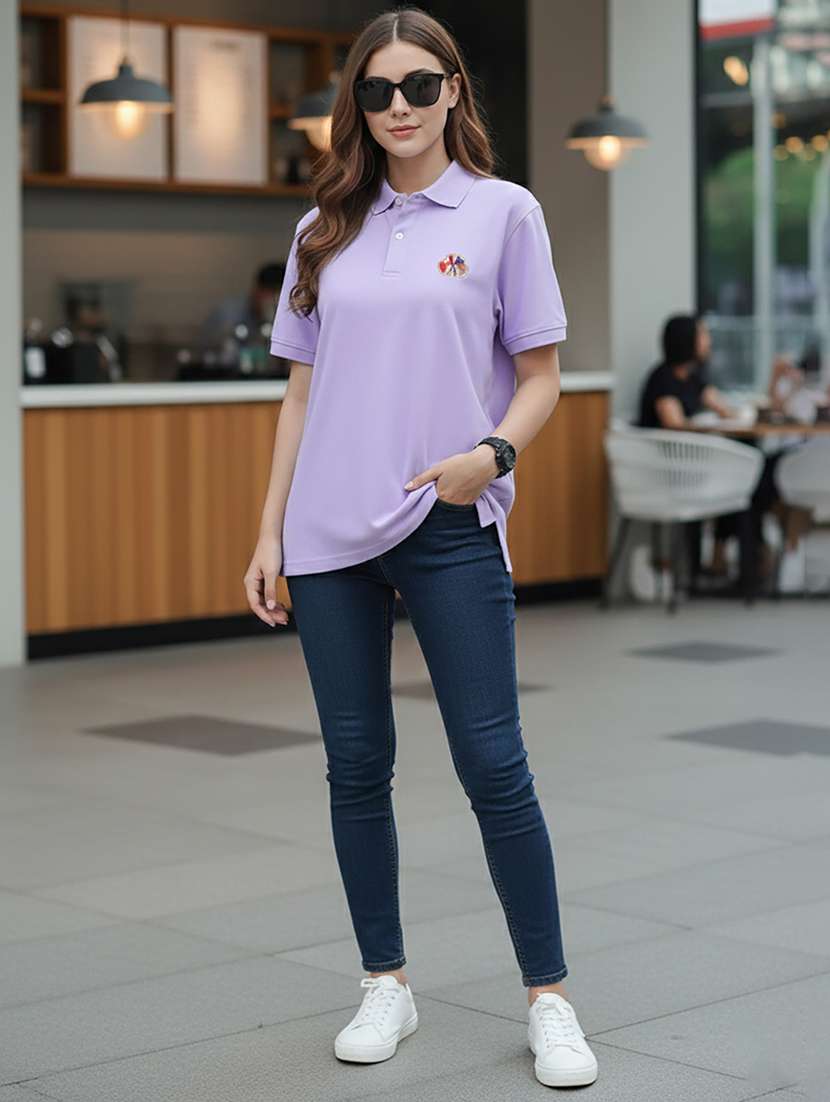 women solid short sleeve polo oversized t-shirt - 22292607 -  Standard Image - 4