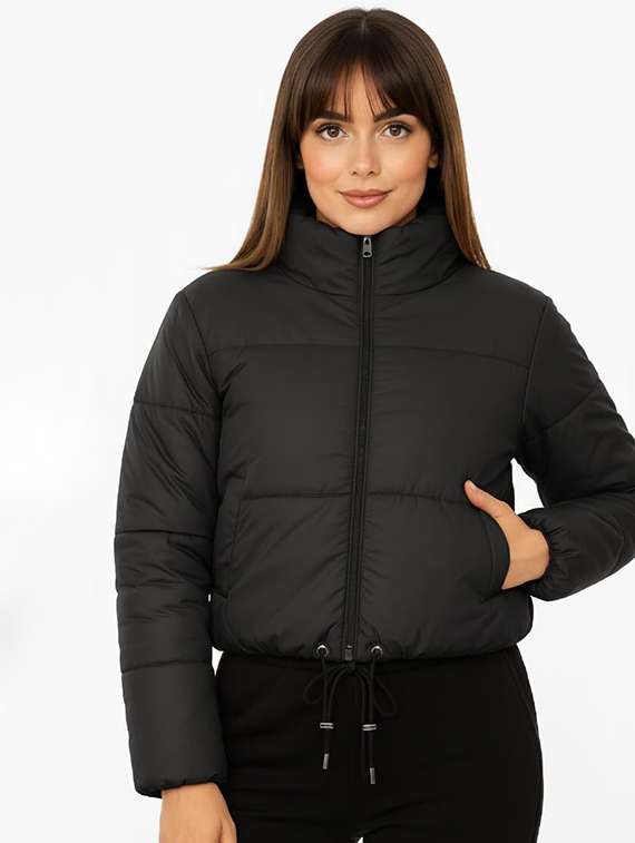 women solid stand collar long sleeve quilted jacket - 22292650 -  Standard Image - 1