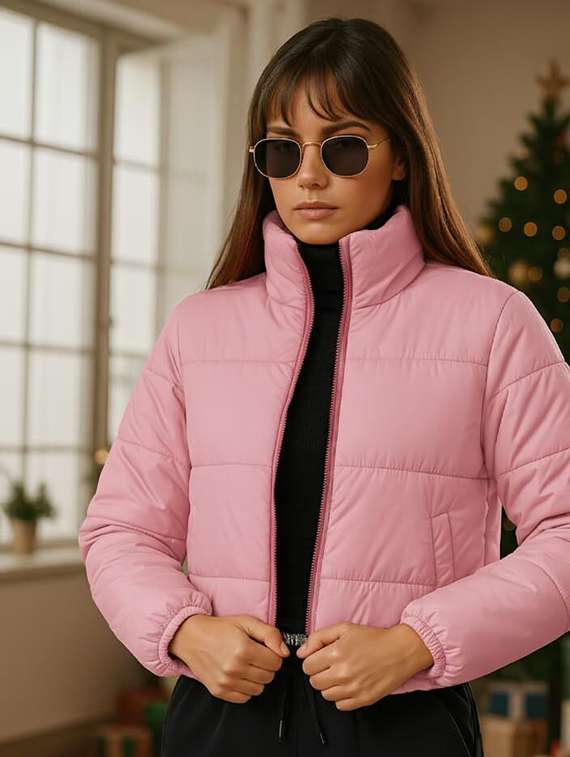 women solid stand collar long sleeve quilted jacket