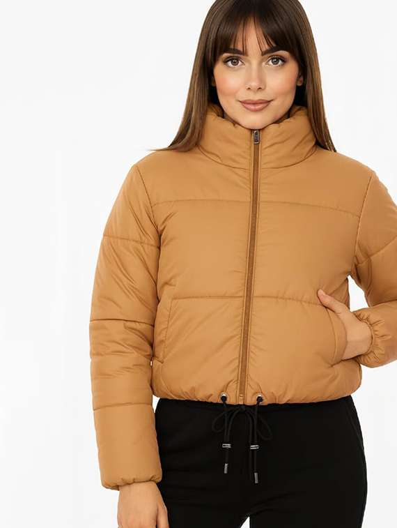 women solid stand collar long sleeve quilted jacket - 22292655 -  Standard Image - 1