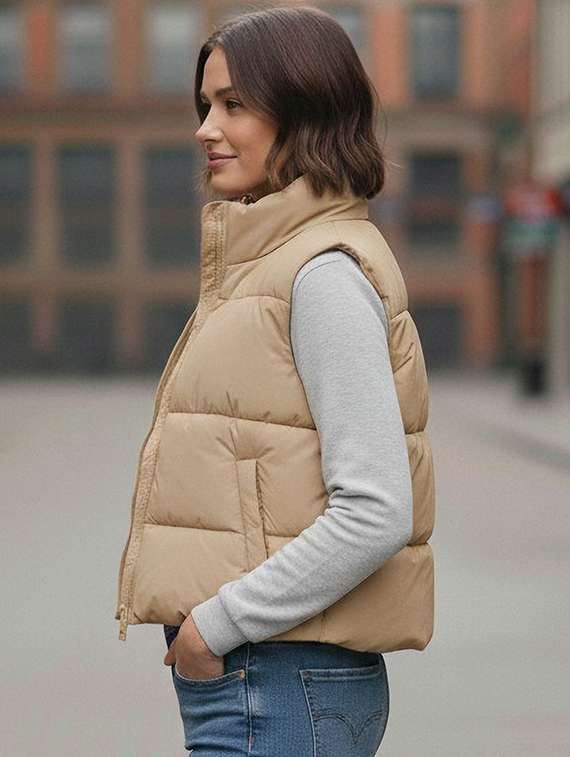 women solid stand collar sleeveless quilted jacket - 22292658 -  Standard Image - 1