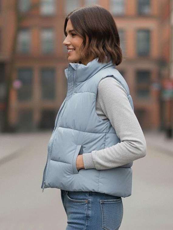 women solid stand collar sleeveless quilted jacket - 22292663 -  Standard Image - 1