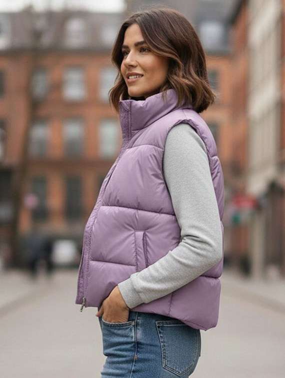 women solid stand collar sleeveless quilted jacket - 22292664 -  Standard Image - 1