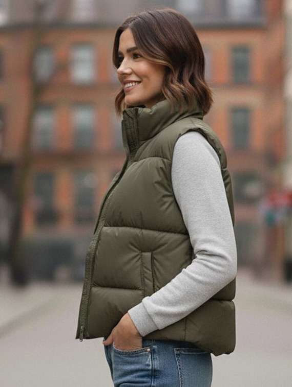 women solid stand collar sleeveless quilted jacket - 22292665 -  Standard Image - 1