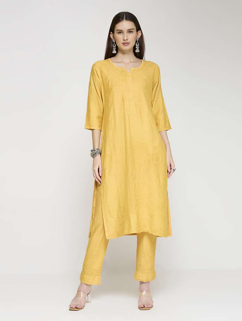 women solid with work three quarter sleeve kurta pant set - 22292668 -  Standard Image - 1