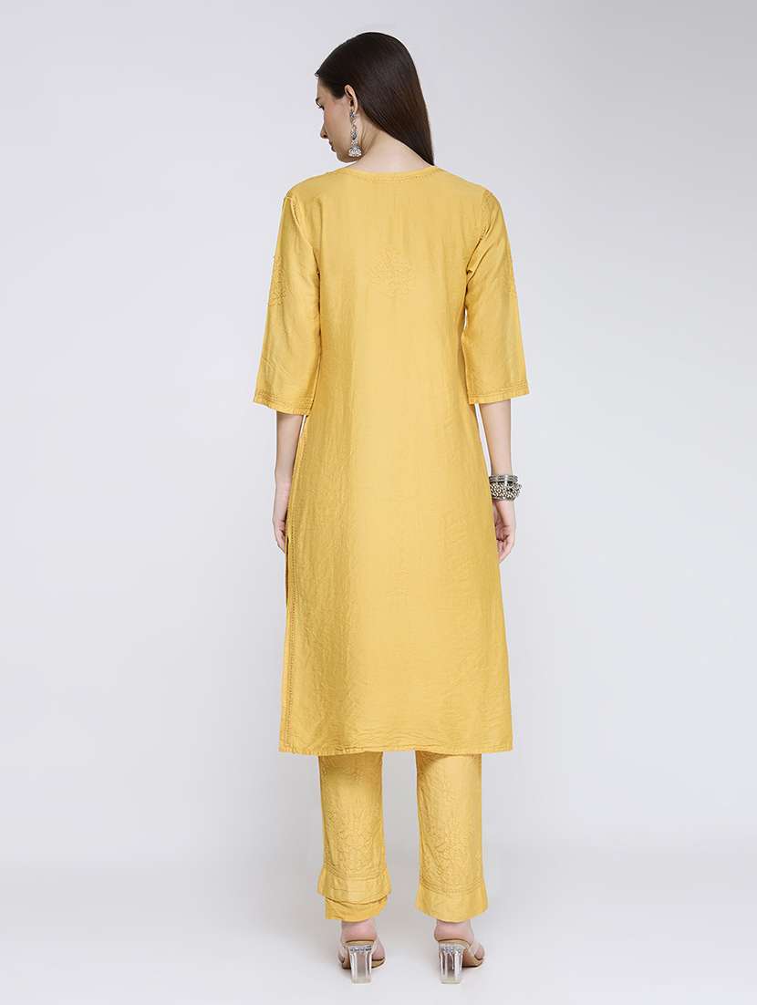 women solid with work three quarter sleeve kurta pant set - 22292668 -  Standard Image - 4