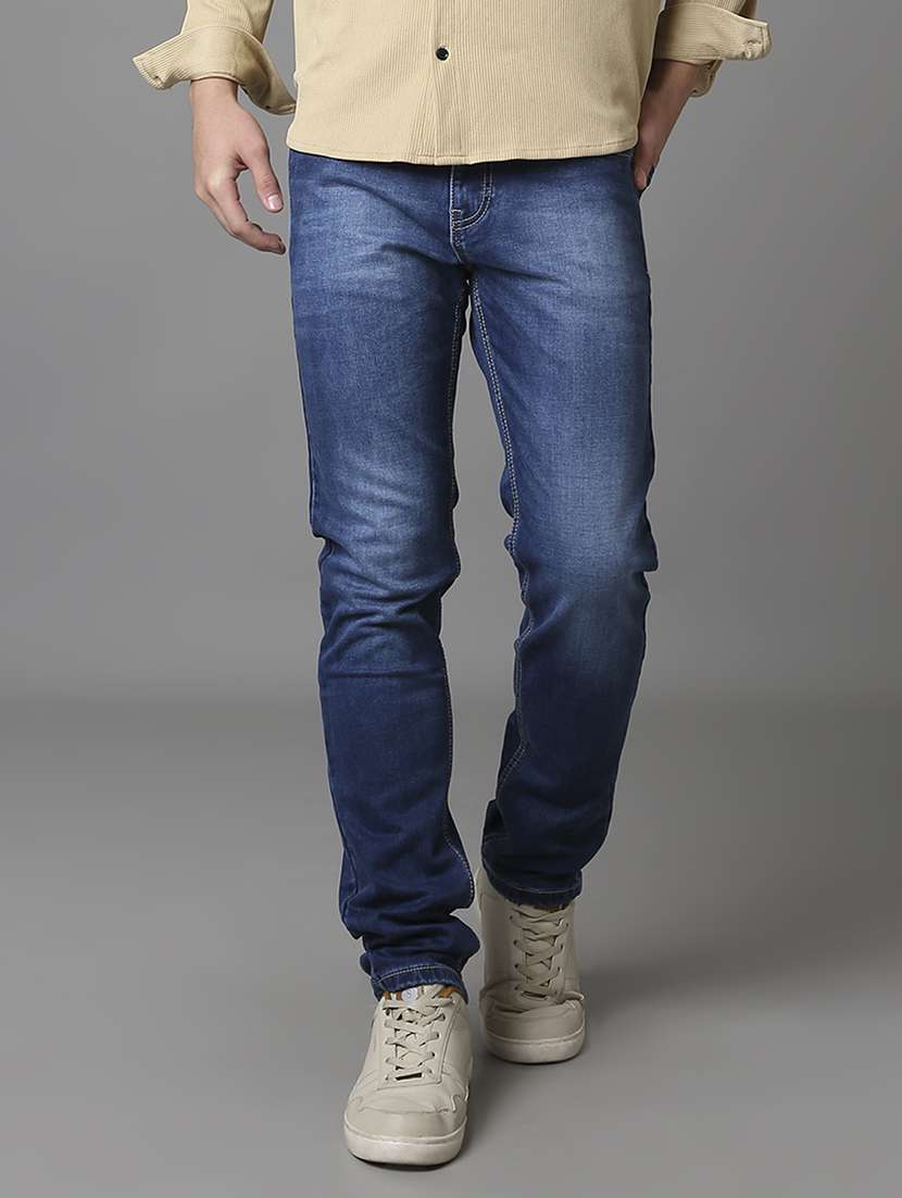 men washed mid rise full length jeans