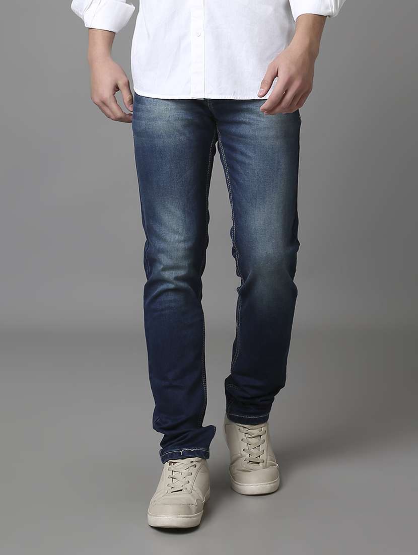 men washed mid rise full length jeans