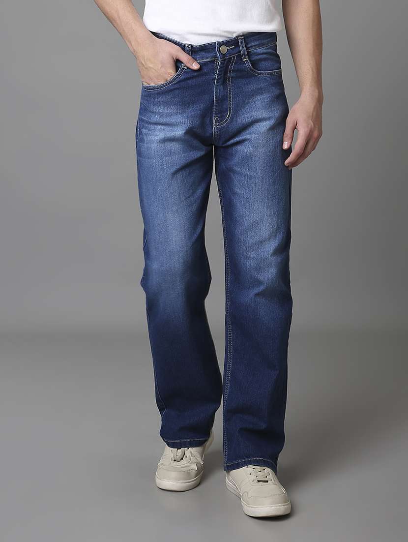 men washed high rise full length jeans