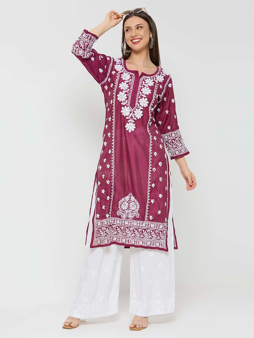 women solid with work three quarter sleeve straight kurta - 22292676 -  Standard Image - 1