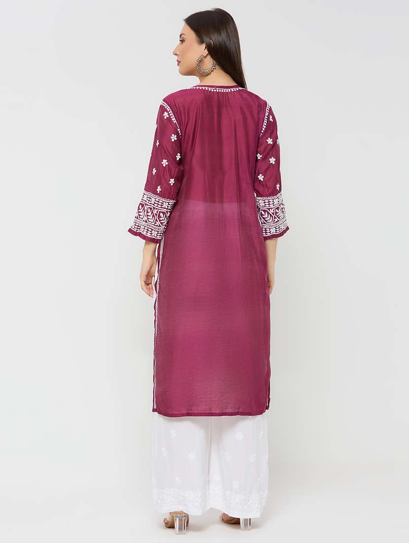 women solid with work three quarter sleeve straight kurta - 22292676 -  Standard Image - 4