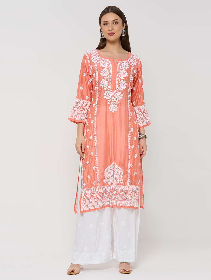 women solid with work three quarter sleeve straight kurta - 22292677 -  Standard Image - 1