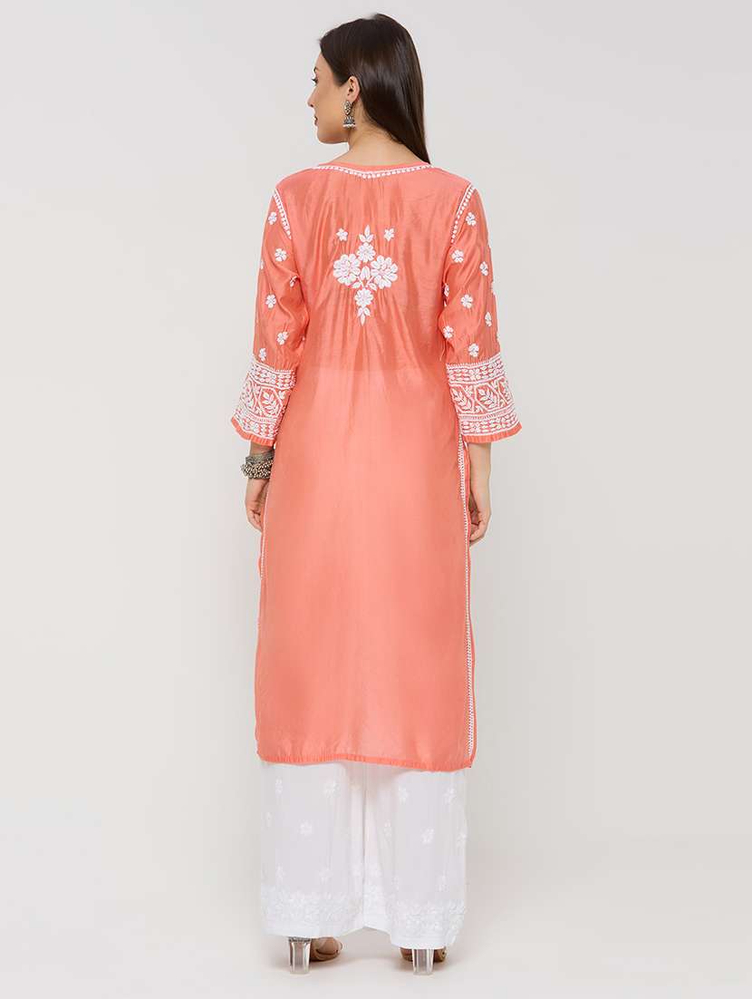 women solid with work three quarter sleeve straight kurta - 22292677 -  Standard Image - 4