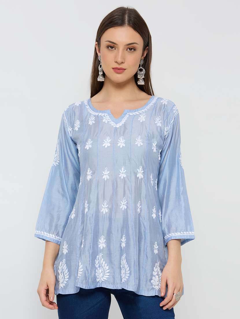women solid with work three quarter sleeve a-line kurti