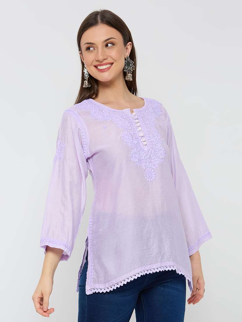 women solid with work three quarter sleeve straight kurti - 22292680 -  Standard Image - 1