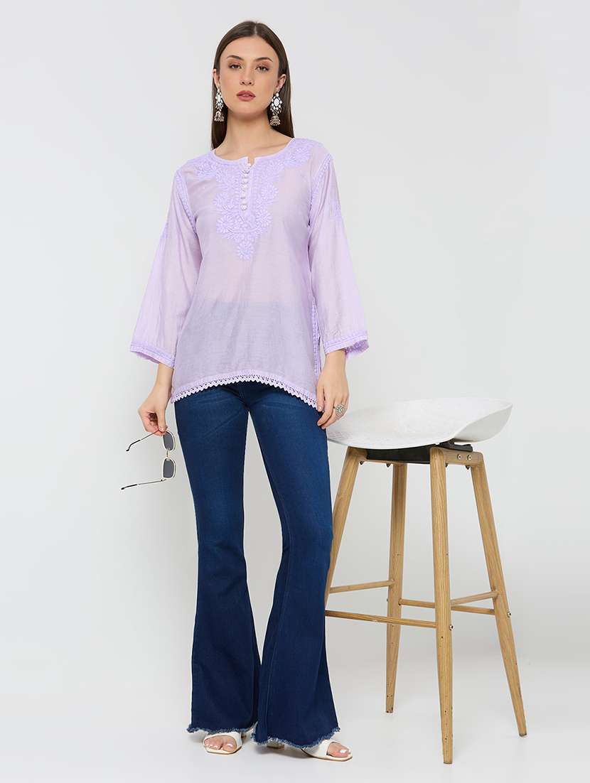 women solid with work three quarter sleeve straight kurti - 22292680 -  Standard Image - 4