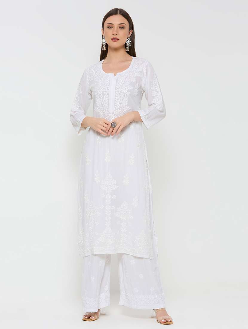 women solid with work three quarter sleeve straight kurta - 22292681 -  Standard Image - 1