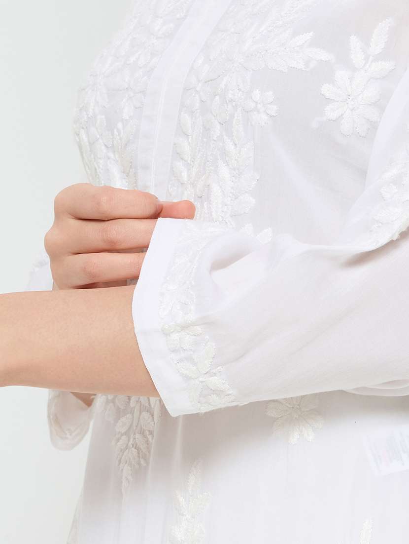 women solid with work three quarter sleeve straight kurta - 22292681 -  Standard Image - 6