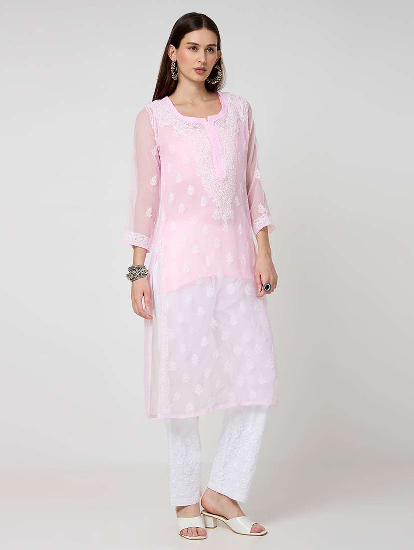 women solid with work three quarter sleeve straight kurta - 22292682 -  Standard Image - 1
