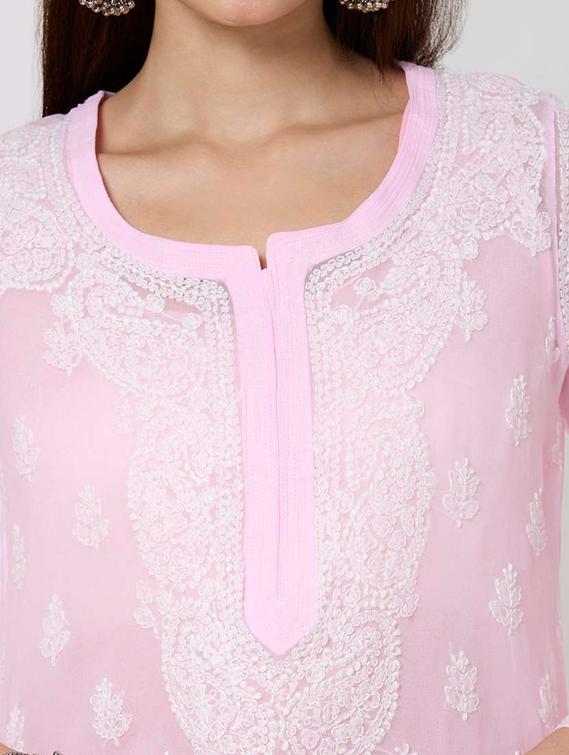 women solid with work three quarter sleeve straight kurta - 22292682 -  Standard Image - 6