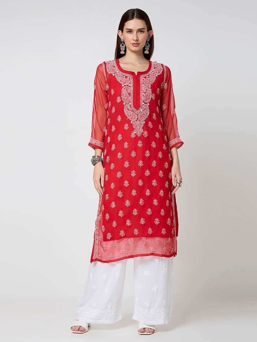 women solid with work three quarter sleeve straight kurta - 22292683 -  Standard Image - 1