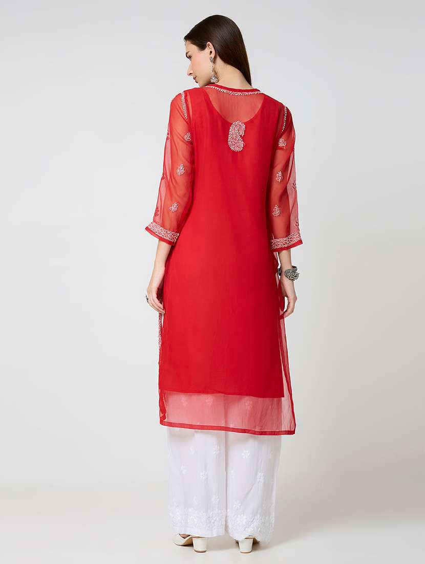 women solid with work three quarter sleeve straight kurta - 22292683 -  Standard Image - 4