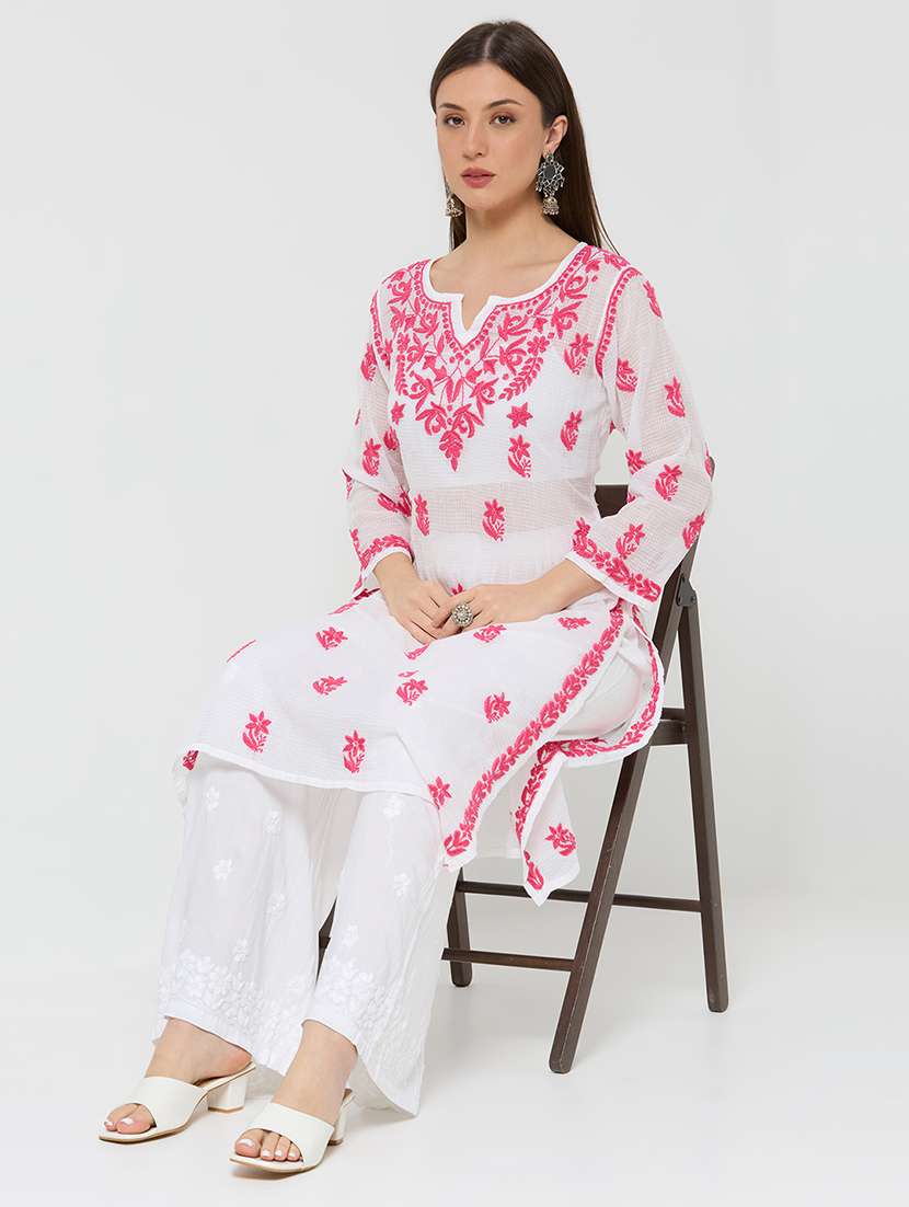 women solid with work three quarter sleeve straight kurta - 22292684 -  Standard Image - 1