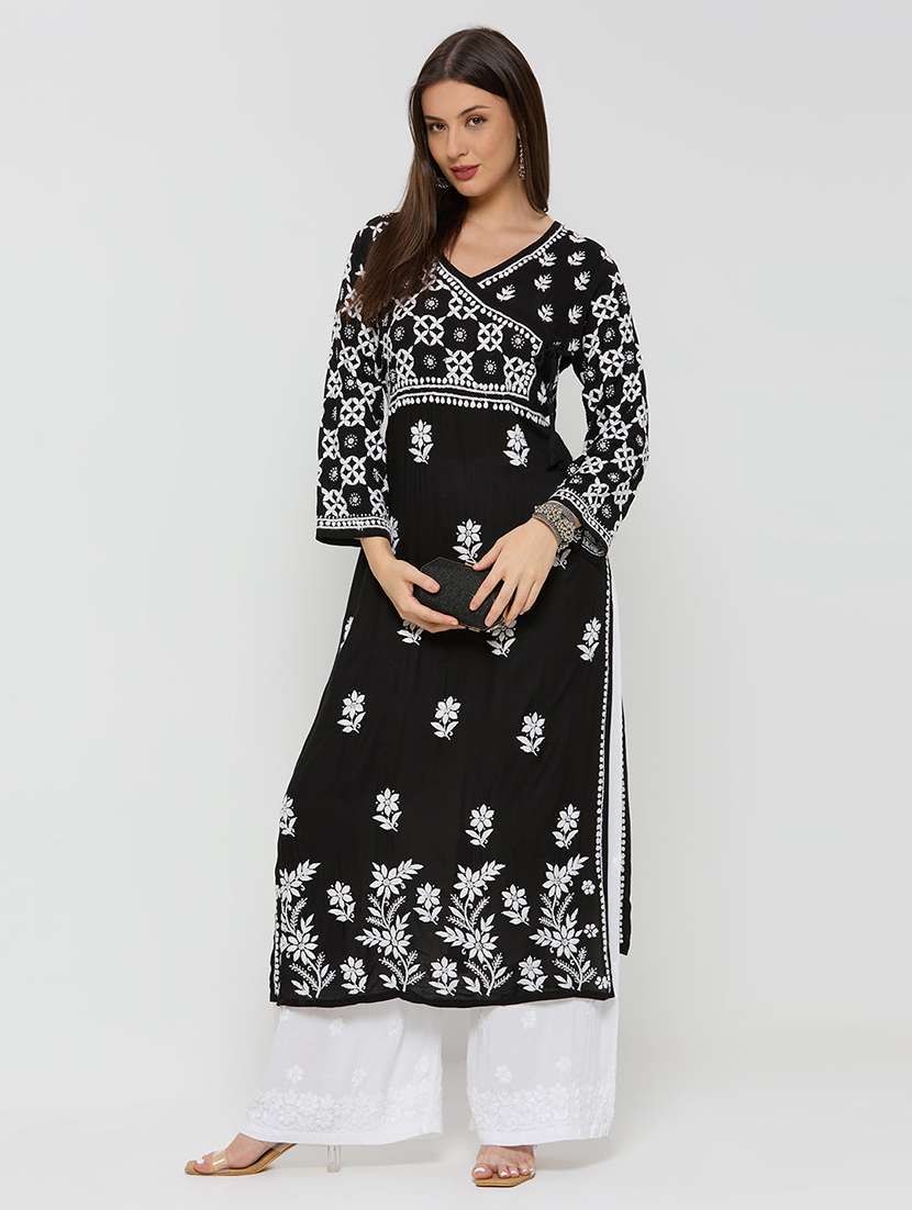 women solid with work long sleeve straight kurta - 22292685 -  Standard Image - 1