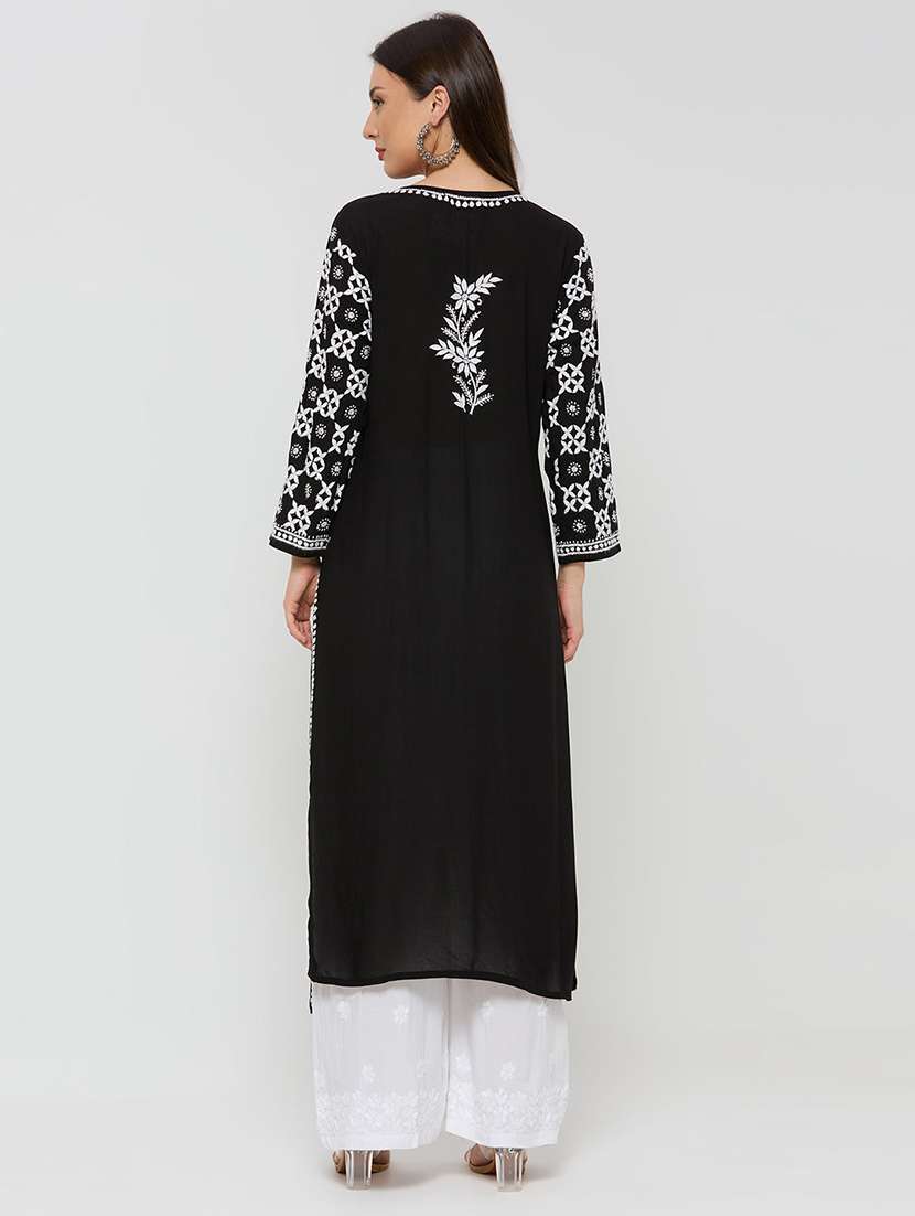 women solid with work long sleeve straight kurta - 22292685 -  Standard Image - 4