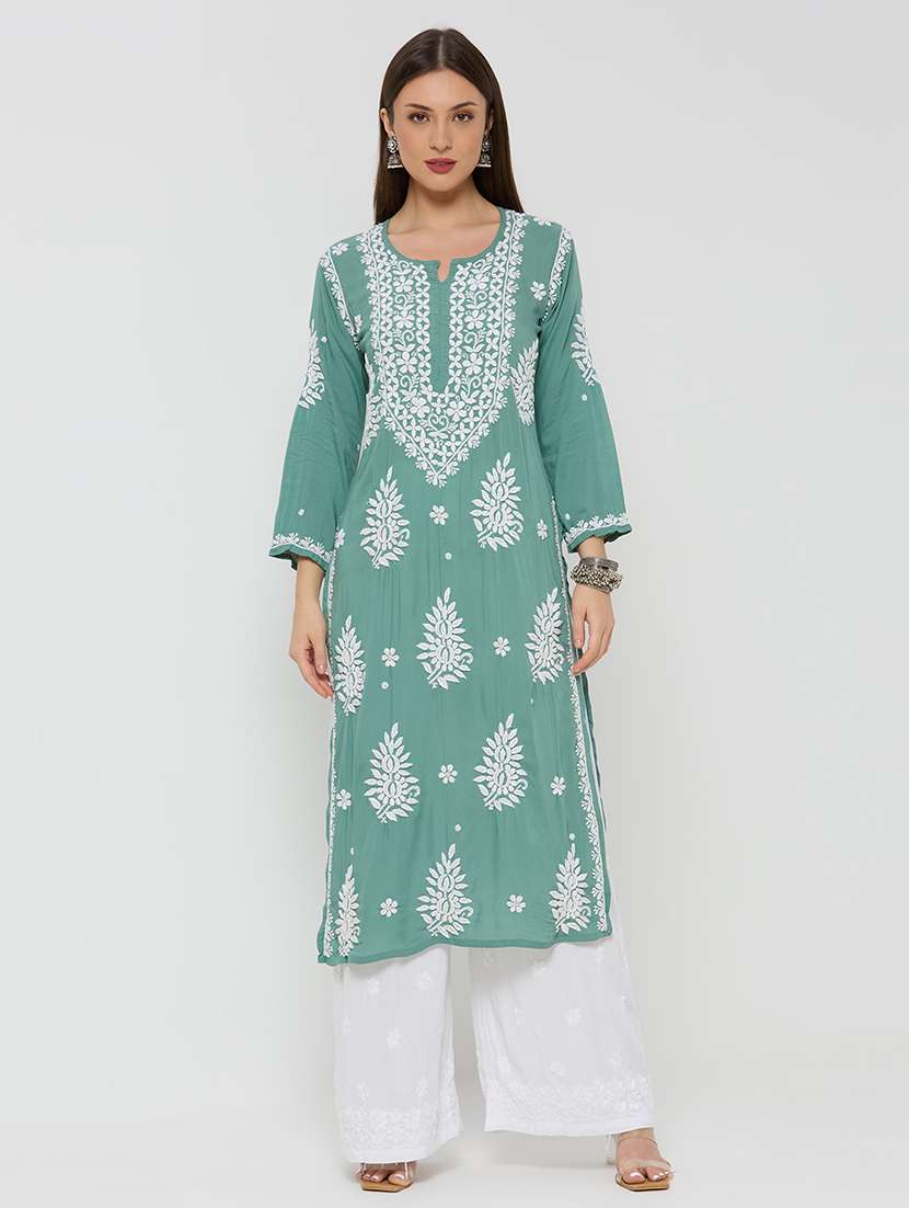 women solid with work long sleeve straight kurta - 22292687 -  Standard Image - 1