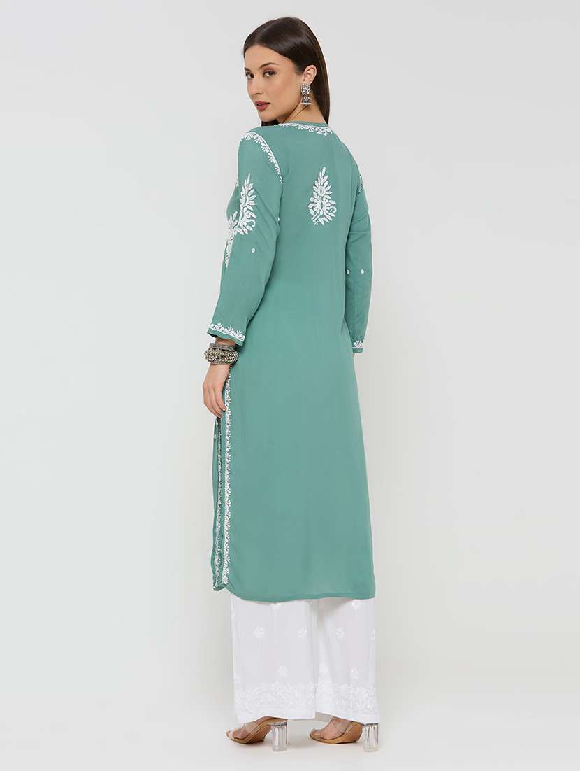 women solid with work long sleeve straight kurta - 22292687 -  Standard Image - 4