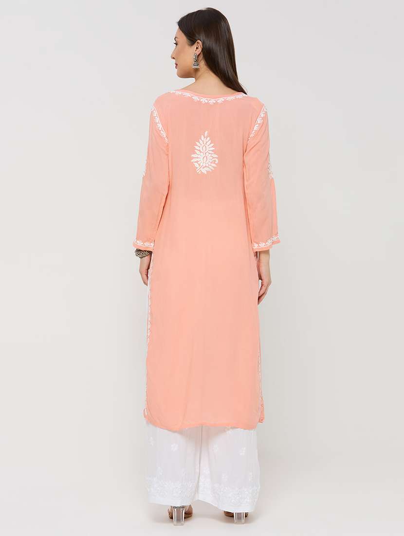 women solid with work long sleeve straight kurta - 22292688 -  Standard Image - 4