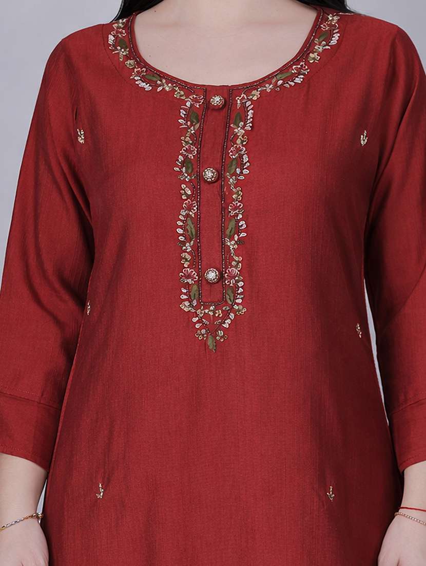 women solid with work three quarter sleeve straight kurta - 22292694 -  Standard Image - 4