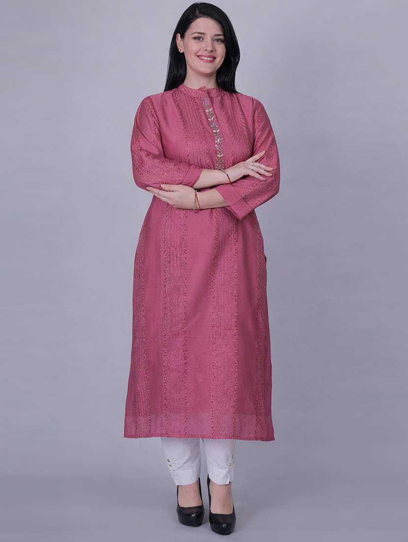 women solid with work three quarter sleeve straight kurta - 22292695 -  Standard Image - 1