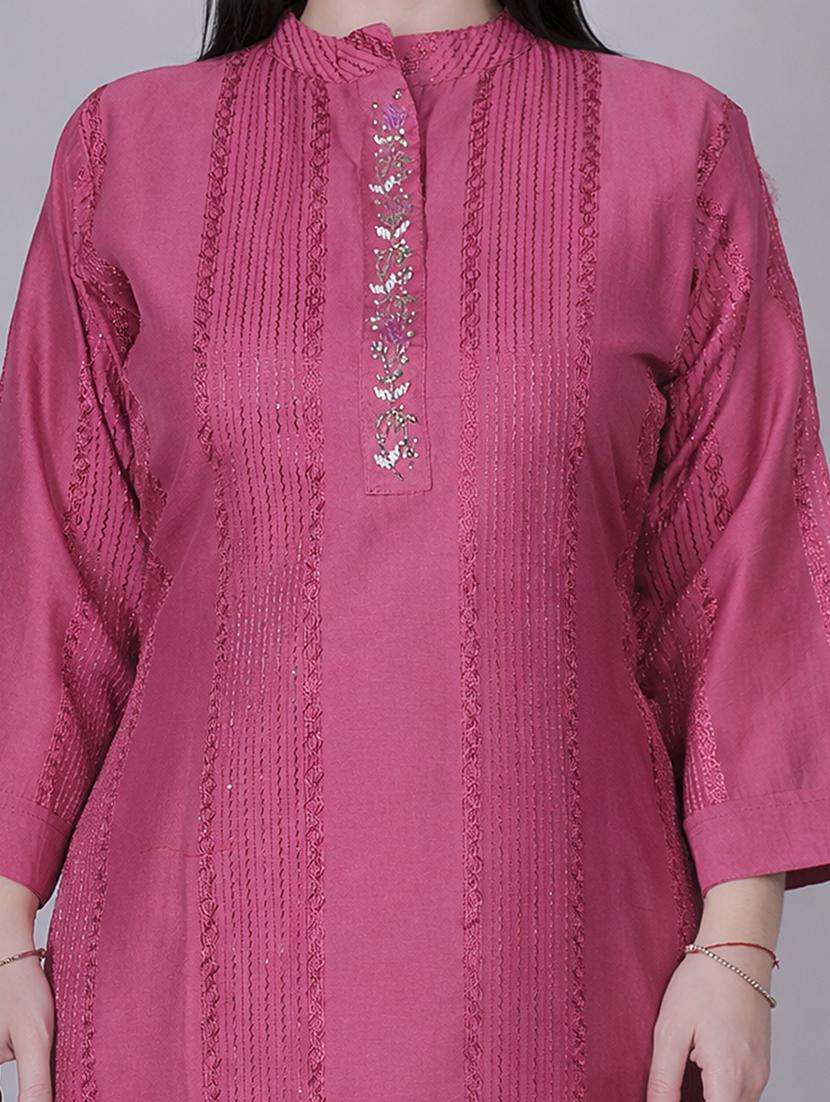 women solid with work three quarter sleeve straight kurta - 22292695 -  Standard Image - 1