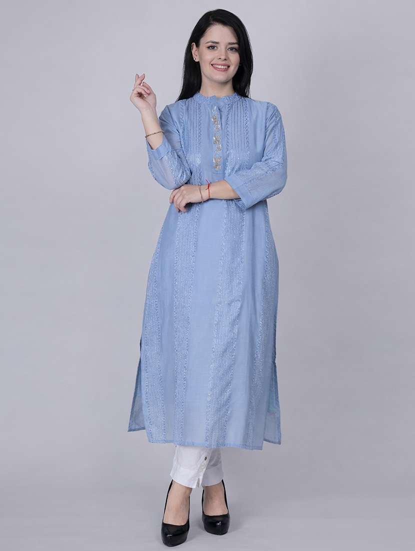 women solid with work three quarter sleeve straight kurta - 22292696 -  Standard Image - 1