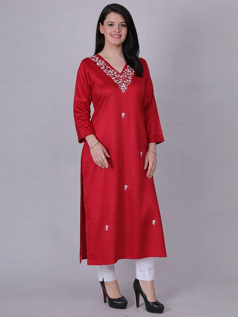 women solid with work three quarter sleeve straight kurta - 22292701 -  Standard Image - 1